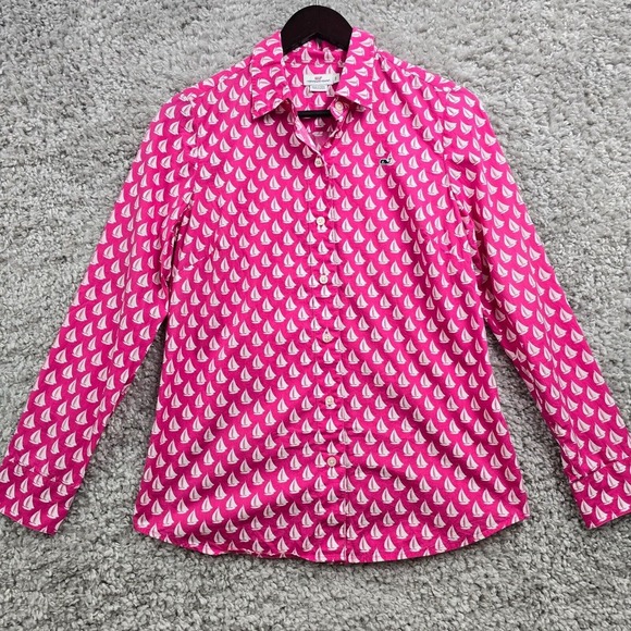 Vineyard Vines Womens‎ Sailboat Print Button Up Shirt Pink Size 2 Nautical - Picture 2 of 12